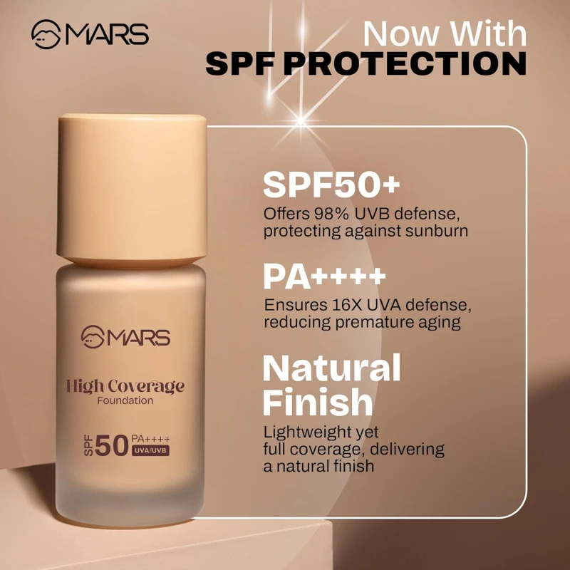 MARS SPF50 PA++++ High Coverage Foundation (40ml) | Blemish Free & Blendable Makeup | All Skin Type | IN-VIVO Tested with 5 Star UVA+UVB Protection Boots Rating (SHADE-02) thumbnail 7